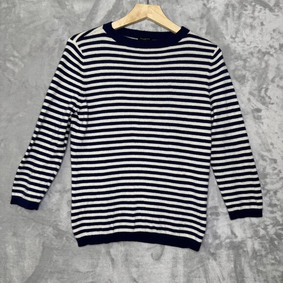 Talbots Sweater Womens Medium Petite Navy White Striped Crewneck Lambswool Blend - Picture 1 of 8